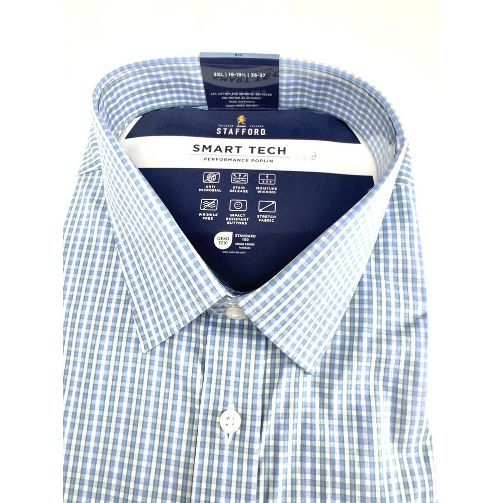 STAFFORD Travel SHIRT Men's 19-19 1/2. 3XL 36-37 BIG  Blue Green PLAID $60 NEW